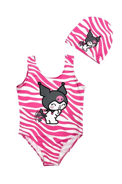 Lolliboomkids New Season Girls' Swimsuit - Cat Pattern, Pink and White Color