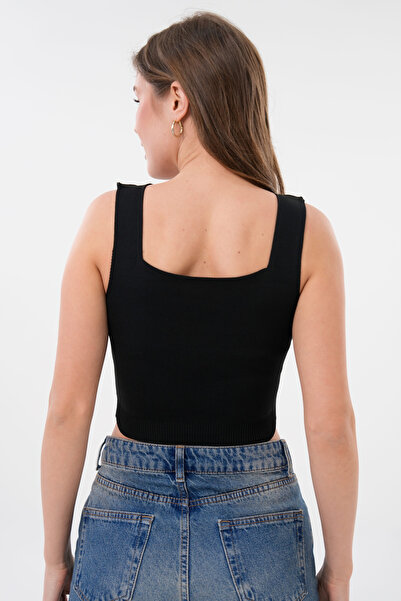 barış sülün lovebox Жіноча трикотажна тканина з шнурівкою, квадратний комір, бретельки, чорна коротка блуза 5300