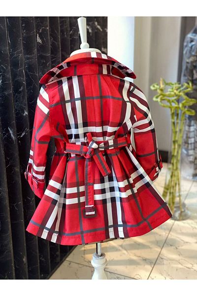 HC Kids Wear Red Checkered Girl's Trench Jacket