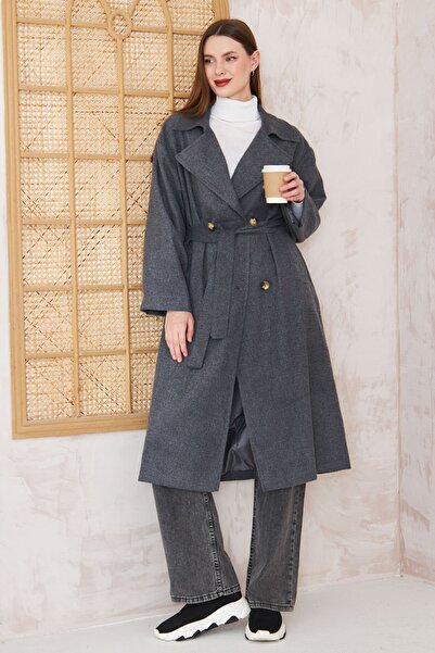 SİNDAL Oversize Astarlı Kaşe Kaban 4-6828 - GRI