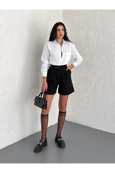 Ozy Fashion Double Fabric Leather Piping Belt Midi Length Shorts
