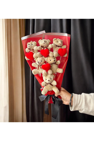 Zemtigo Büyük Boy 6'Lı Kırmızı Ayıcık Buketi Sevgiliye Hediye Özel Notlu Kırm...