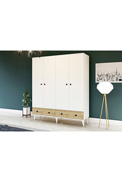 Vivense Metalian Perlino Ayaklı Gardırop, 4 Kapaklı 2 Çekmeceli