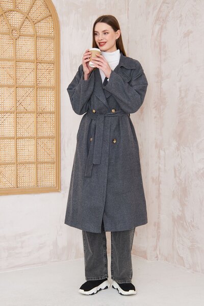 SİNDAL Oversize Astarlı Kaşe Kaban 4-6828 - GRI