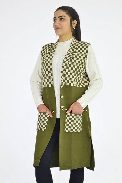 Tuğra Plaid Patterned Long Knitwear Vest