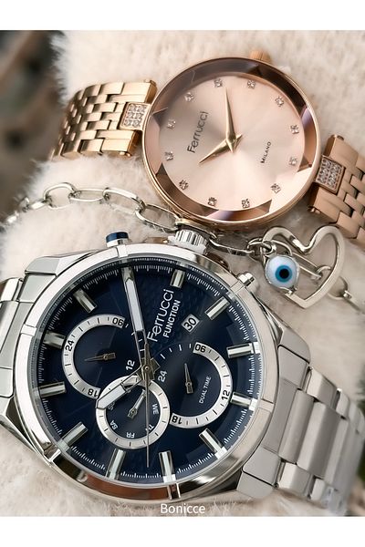 Ferrucci Unisex Functions Active Silver Rose Color, Lover Watch + Heart Bracelet Rosary