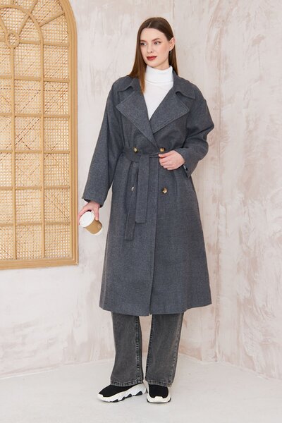 SİNDAL Oversize Astarlı Kaşe Kaban 4-6828 - GRI