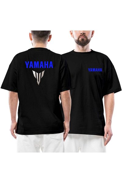 Z zepplin Yamha MT07 Logo Μπλε Μπροστινό Πίσω Τυπωμένο Μαύρο Μπλουζάκι Oversize