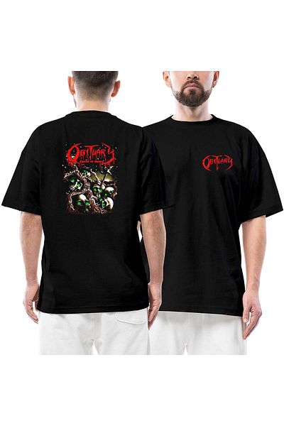 Z zepplin Obituary Skull Stairs Μπροστινό πίσω εμπριμέ μαύρο μπλουζάκι υπερμεγέθους