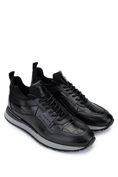 Tamer Tanca Men's Genuine Leather Black Crocodile Sneakers & Sports Shoes