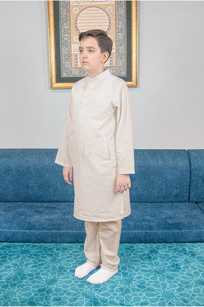 ihvanonline Boy's Beige Afghan Suit - Hajj Umrah Judge Collar