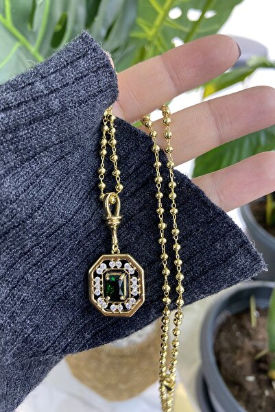 Genel Markalar Soleah 14k Altın Kaplama Yeşil Baget Taşlı Serenay Serisi Kolye 57cm