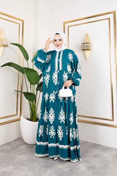 Sfg Life Moda Γυναικεία ρούχα Hijab με κουμπιά μπροστά με γιακά και μεγάλο μπαλόνι φόρεμα από βισκόζη