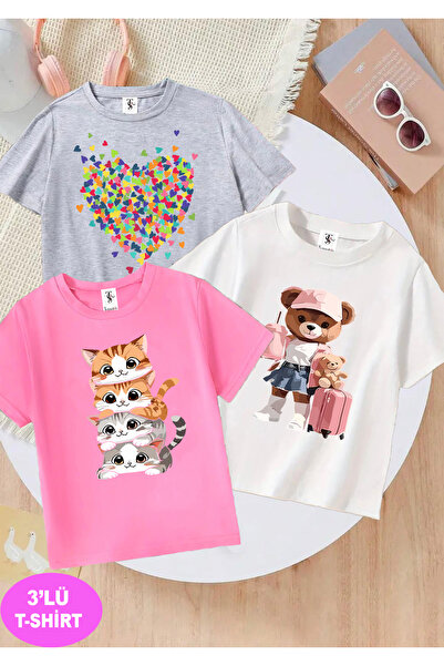 twins tailors Γάτα με στάμπα 3 Πακέτο Λευκό-Γκρι-Ροζ Μπλουζάκι για κορίτσια