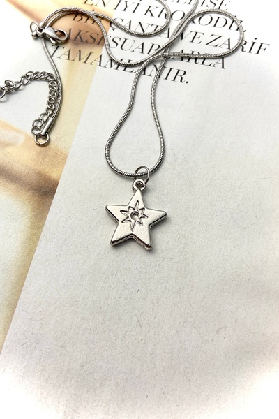 roshel Steel Silver Color Minimal End Steel Necklace Heart and Star Option