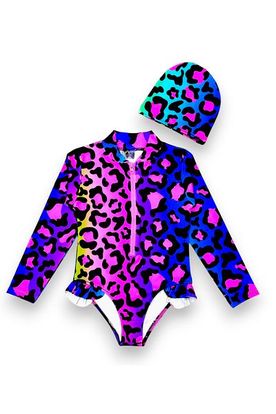 Lolliboomkids Suit Bodysuit for Girls - Long Sleeve, Sunscreen, Ruffles + Bonnet
