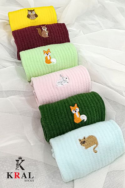 KRAL SOCKS 6 чифта цветни бродирани унисекс тенис чорапи - за жени и мъже