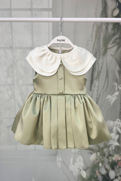 Bertuğ Bebek Yeşil Saten Kız Çocuk Bebek Abiye Lotus Elbise