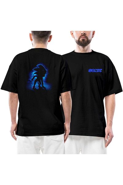 Z zepplin SonicThe Hedgehog Μπροστινό Πίσω Μπλουζάκι με στάμπα μαύρο Oversize