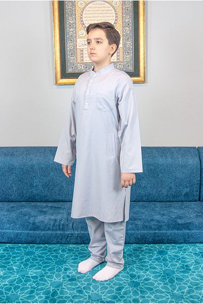 ihvanonline Boy's Gray Afghan Suit - Hajj Umrah Judge Collar, Bottom Top Double