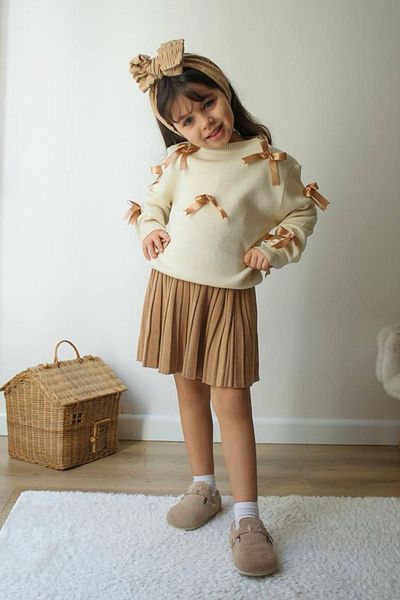 Minigimin Cicileri Комплект плетени дрехи с панделка и пола My Little Ones за момиче - кафяв