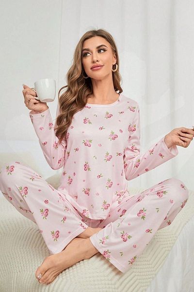 BELLA NOTTE Pink Floral Print Cotton Seasonal Pajamas Set
