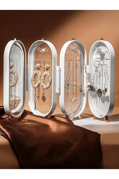 BALCI HEDİYELİK Suport decorativ pentru bijuterii cu 4 compartimente - Cutie organizatoare de bijuterii pentru colier, inel și cercei cu oglindă