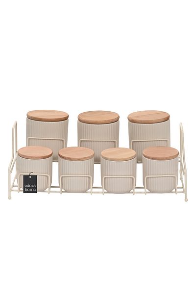 Edora Home Beige Porcelain Seasoning Set with 7 Compartments - Bamboo Lid, Metal Stainless Kitchen Organizer