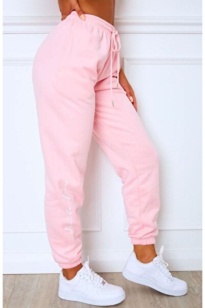THE WHITE Women's Pink Rubber Leg Cotton Winter Sweatpants