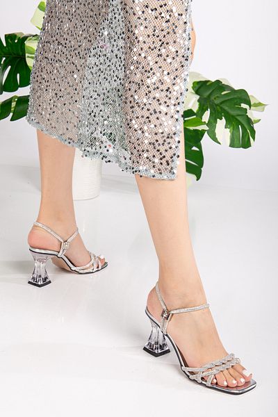 Goteen Women's 7 cm Transparent Heeled Stoned Silver Black Stylish Women's Slippers