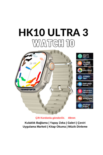 Teknotopia HK10 Ultra 3 Amoled Ekran 49mm Akıllı Saat ChatGPT Titanyum Kasa W...