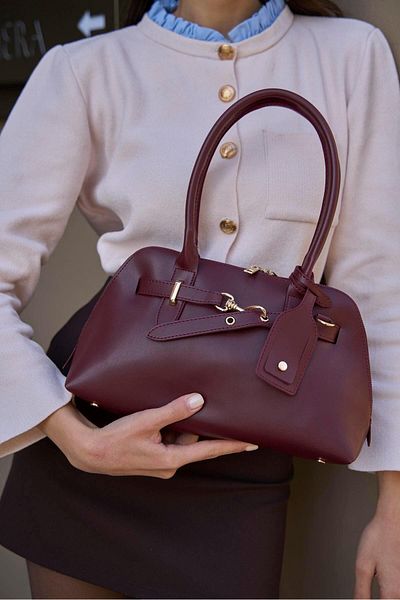 Madamra Weinrote Damen-Hand- und Umhängetasche im Retro-Stil mit goldenen Accessoires
