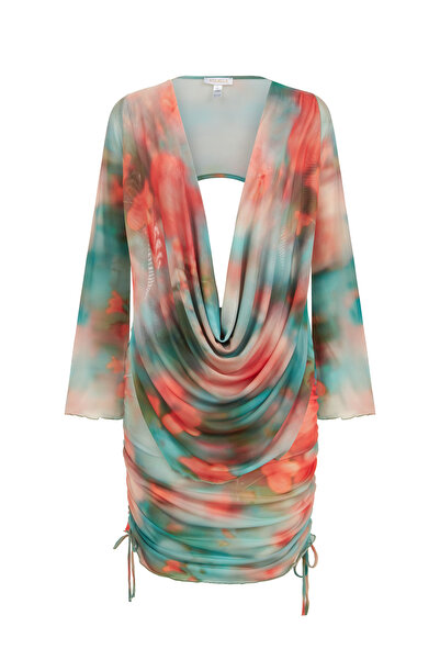 AQUELLA Desenli Turuncu Tül Degaje Yaka Üst-Etek Takım