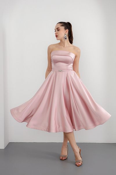 Lafaba Women's Powder Strapless Neckline Jewel Belted Satin Evening Dress