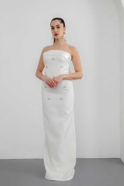 Lafaba Women's White Strapless Rhinestone Promise Engagement Wedding Evening Dress
