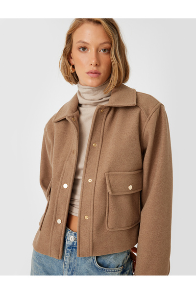 Koton Stamped Crop Jacket - Shirt Collar, Button and Pocket