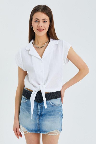 Mixray 4555 Model White Muslin Crop πουκάμισο - Γυναικείο, με γραβάτα μπροστά