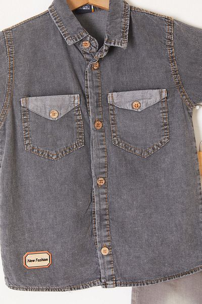 Cansın Mini Boys' Jeans Suit with Smoked Short Sleeve Shirt and Shorts 19214