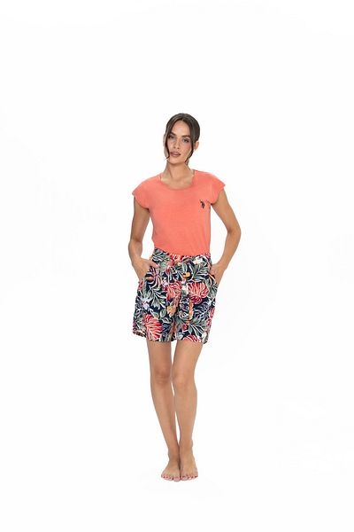 U.S. Polo Assn. Costum pentru femei, licențiat, USPA, 100% viscoză, (coral), model frunze, pantaloni scurți