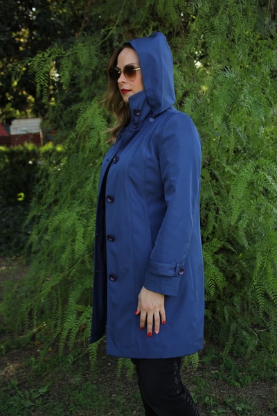 Moda Berray 1671 KOLU DÜĞME DETAYLI UZUN KAPİŞONLU SAKS BÜYÜK BEDEN KADIN CEKET