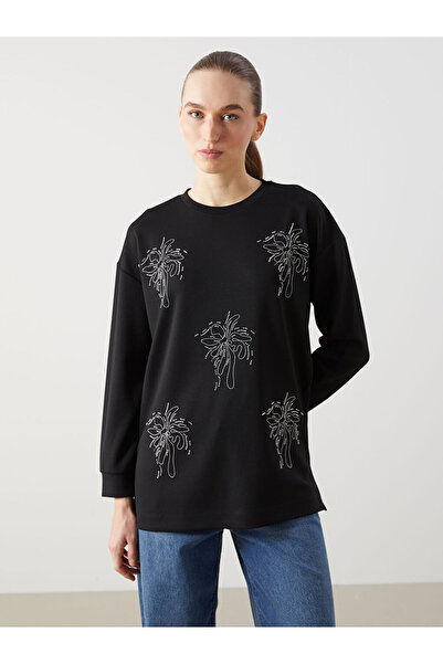 LC Waikiki Black Crew Neck Stone Oversize Women's Sweatshirt Tunic