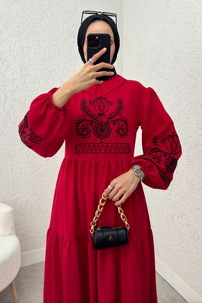Salih Çelebi Red Embroidered Layered Dress - 2224