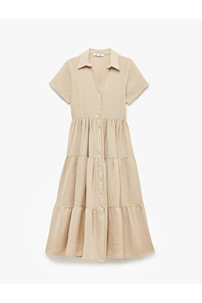 Koton Layered Flounce Short Sleeve Button Long Shirt Dress