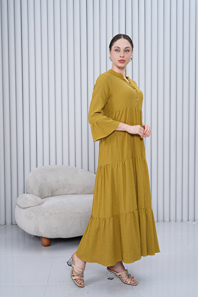 Miss Dünya Lissa Kadın Hakim Yaka Düğmeli Uzun Dokuma Elbise