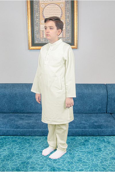 ihvanonline Boy's Hajj Umrah Judge Collar Afghan Suit - Cream