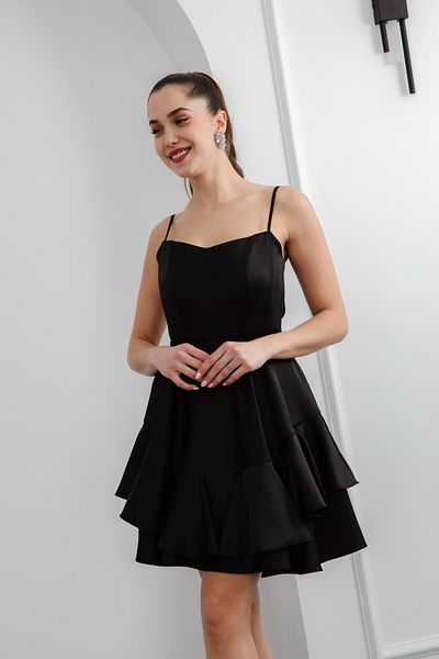 Lafaba Women's Black Thin Straps with Belt Short Satin Homecoming Evening Dress