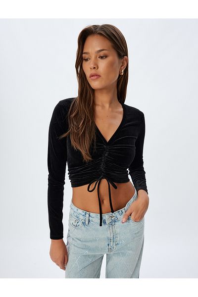 Koton Tricou crop din catifea cu mânecă lungă cu decolteu în V - Slim Fit cu șnur