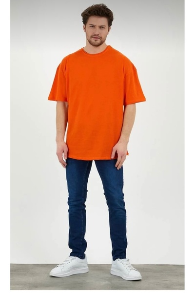 Dolunay İş Elbiseleri تي شيرت كبير الحجم من القطن الكاكي برقبة دائرية للجنسين