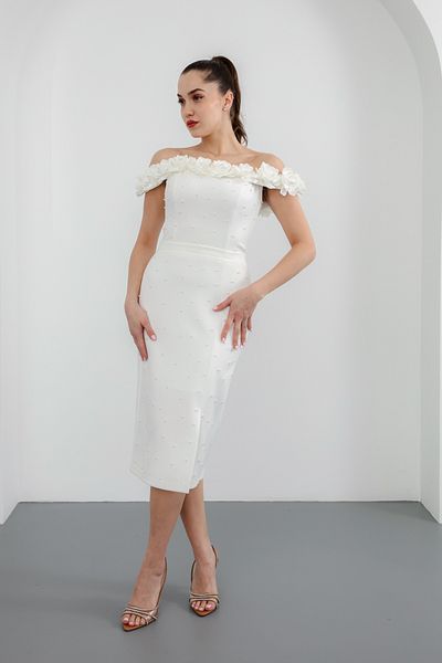 Lafaba Women's White Collar Floral Pearls Promise Engagement Wedding Evening Dress
