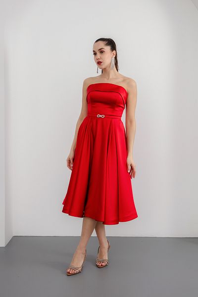 Lafaba Rochie de seara de dama rosie fara bretele cu decolteu cu strasuri cu centura din satin
